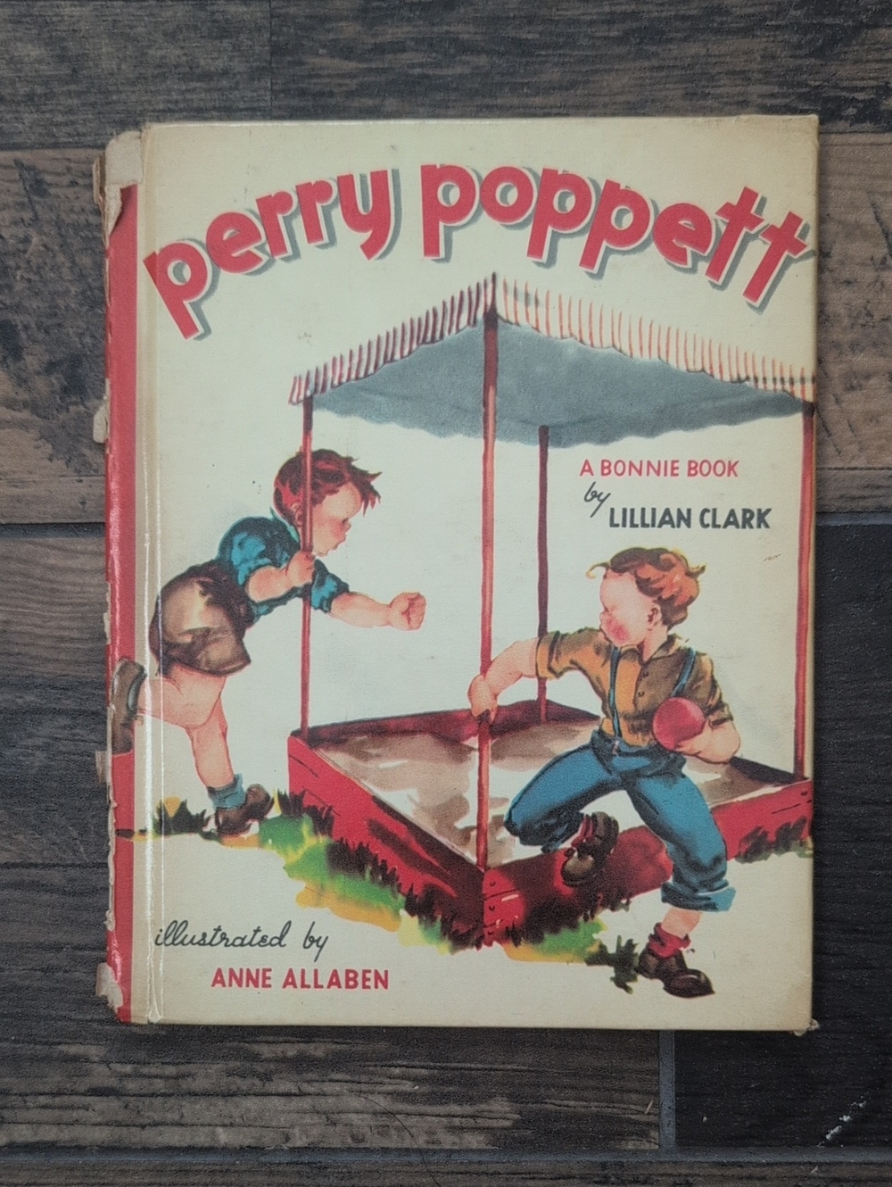Perry Poppett 1948 Vintage Children's Book, Illustrated Cardboard Cover, Sandbox